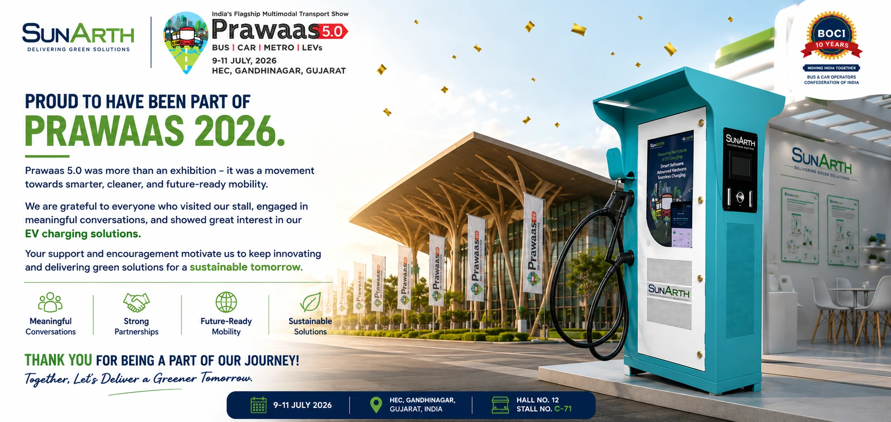 Wide shot of the SunArth exhibition booth at Prawaas